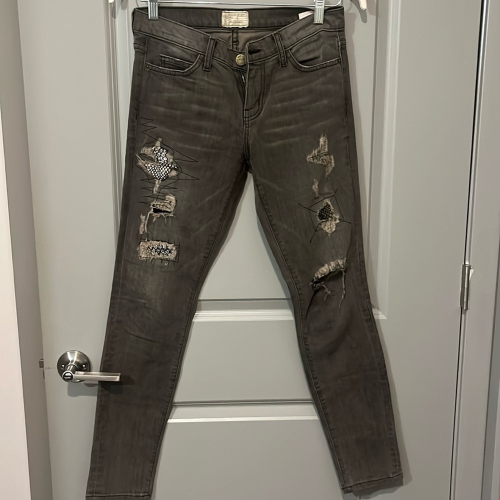 Current/Elliott Gray Distressed Skinny Jeans | Designer Denim | Patchwork Detail